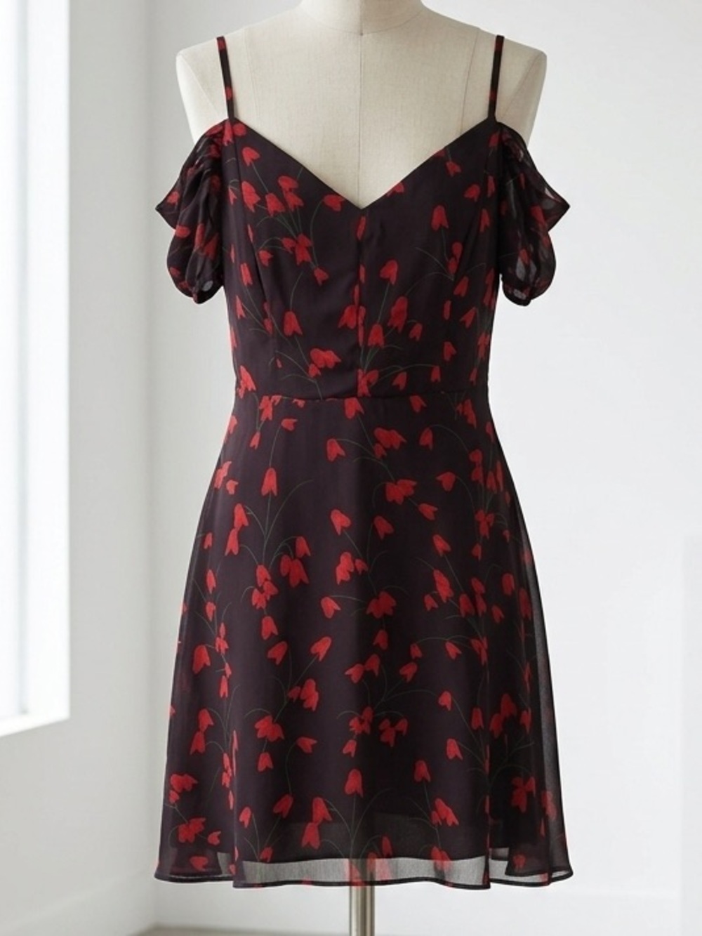 Dynamite| Black & Red Off-Shoulder Mini Chiffon A-Line Cocktail Dress Sz XS